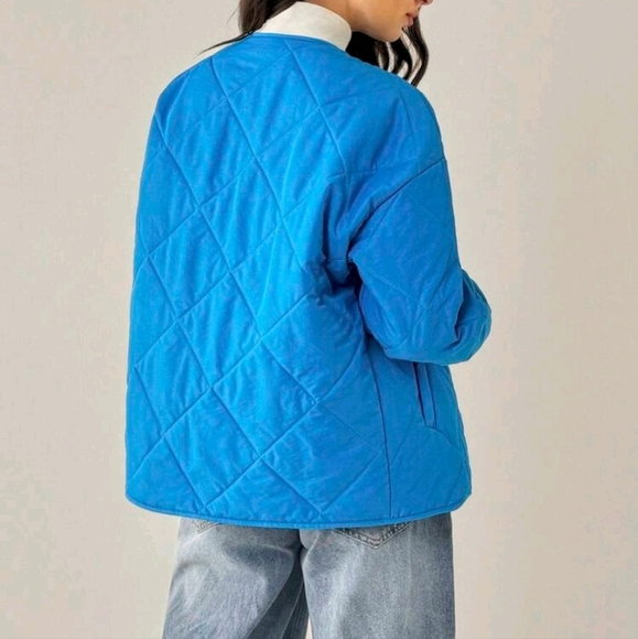 Winter Peacock Blue Quilted Casual Warm Padded Long Sleeve Jacket - Picture 2 of 5